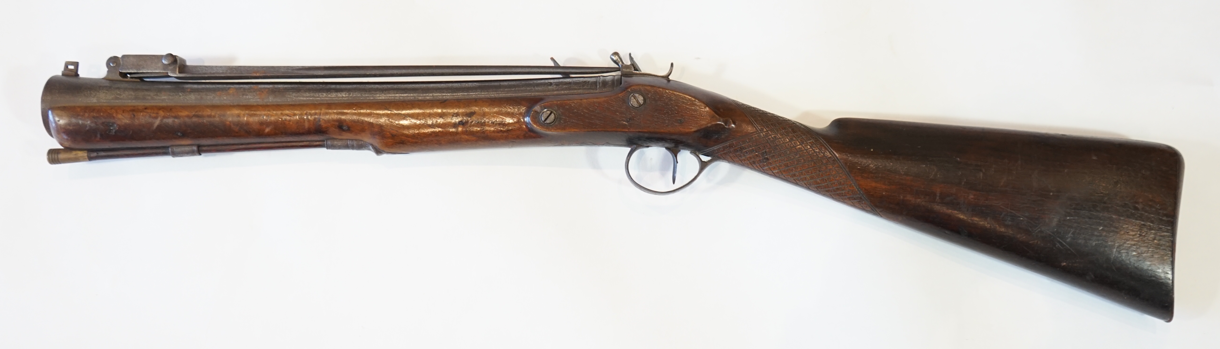 An iron barrelled flintlock blunderbuss by Goodwin of London, fitted with a top spring bayonet